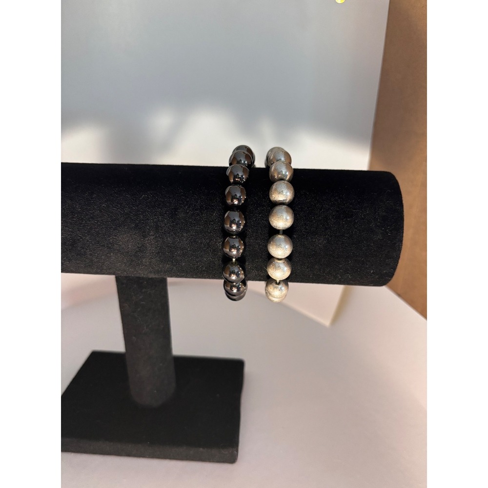 Set of 2 Adjustable Bead Bracelets Gunmetal Grey and Matte Silver Tone